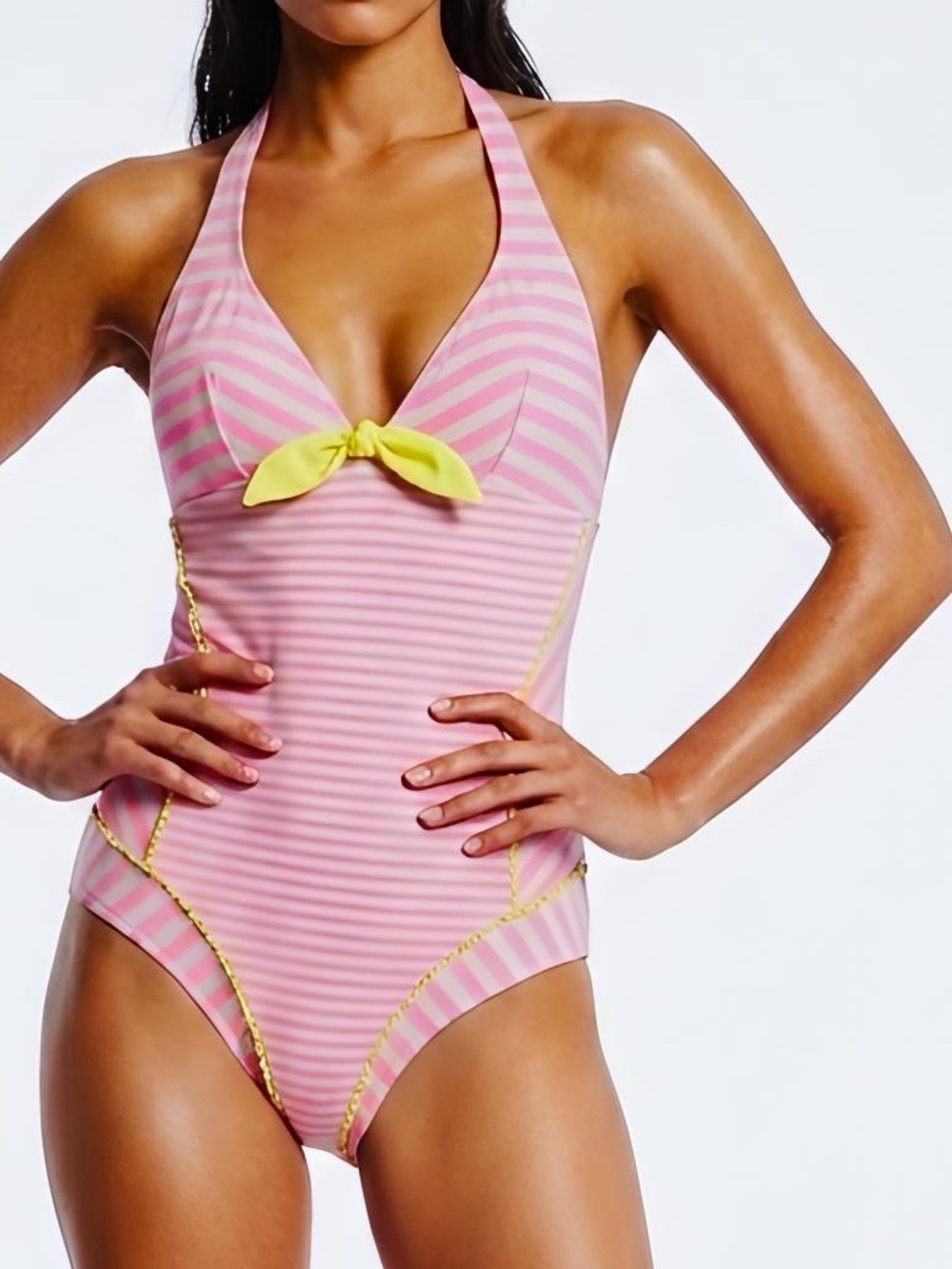 PAOLITA Pepper La Beija One-Piece Swimsuit Pink Grey Stripe Halter w Yellow Bow
